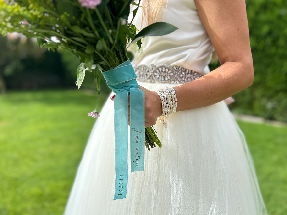 Cinta Personaliza Para El Ramo De Novia En Terciopelo Azul Turquesa